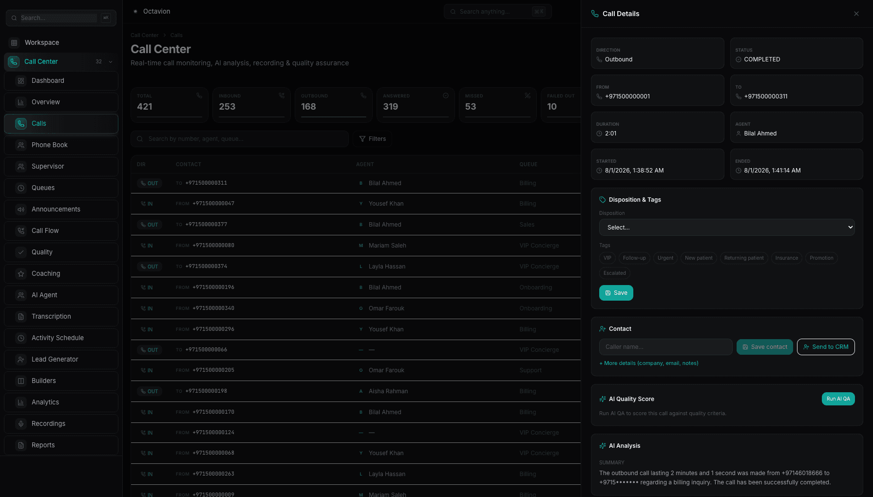Octavion call detail with recording, AI summary and one-click send to CRM