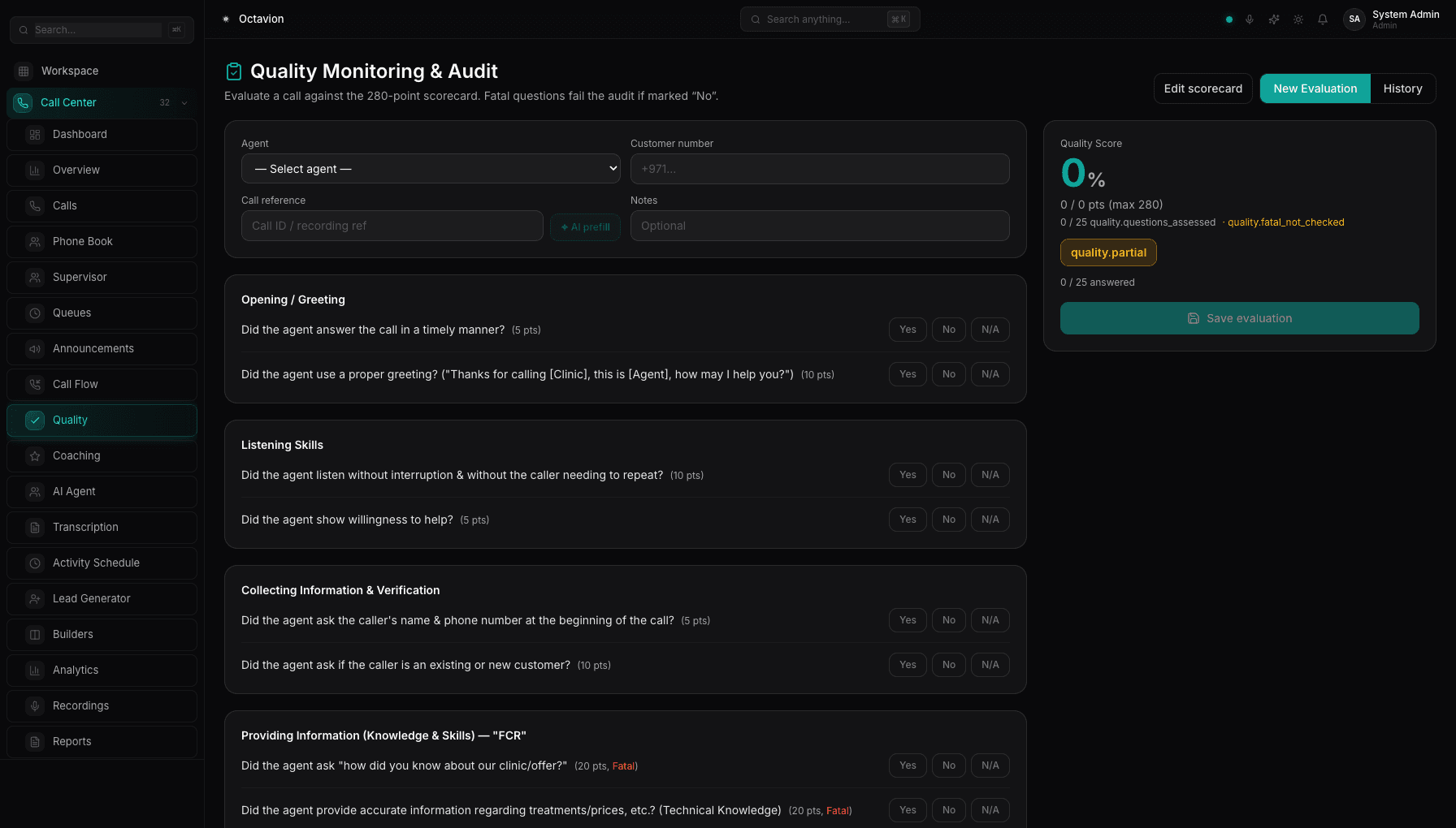 Octavion Quality — weighted scorecard evaluation with live score