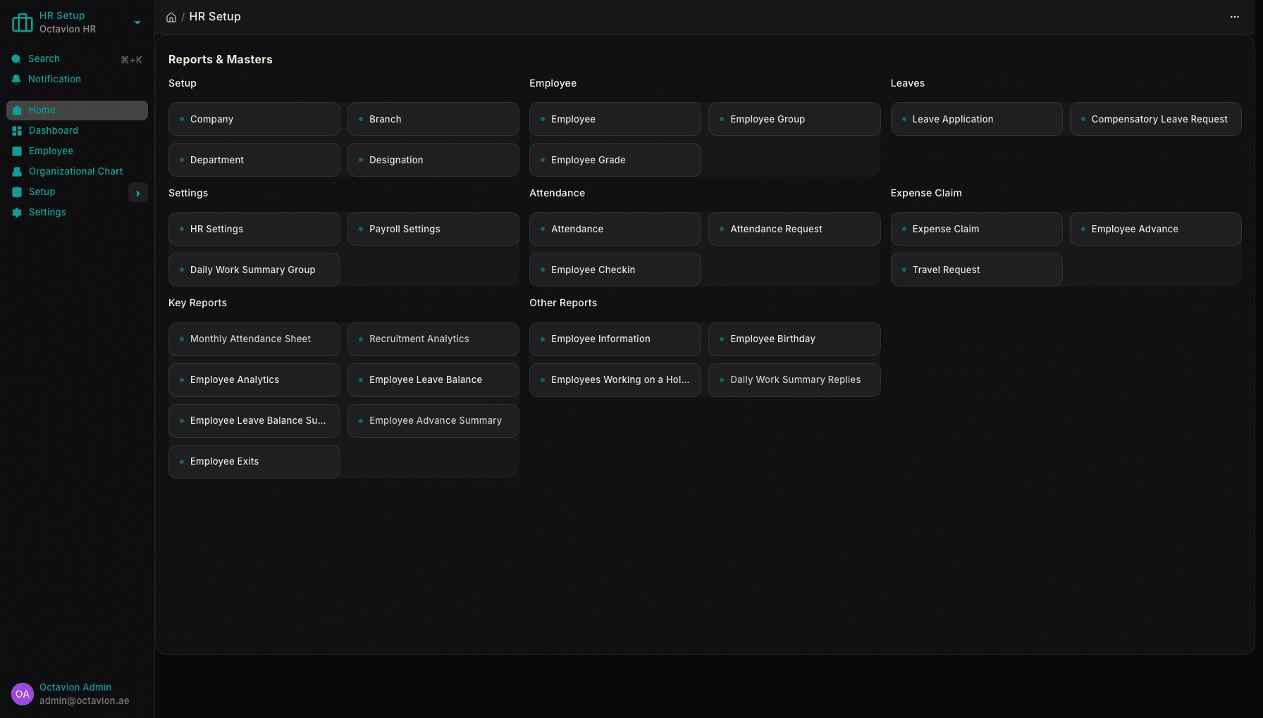 Octavion HR workspace showing employees, attendance, leave and payroll runs