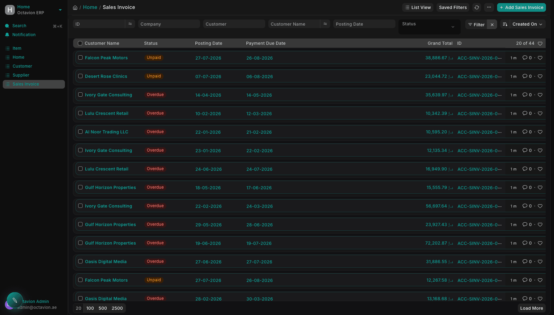 Octavion Smart ERP — live sales invoices with statuses in AED, dark theme