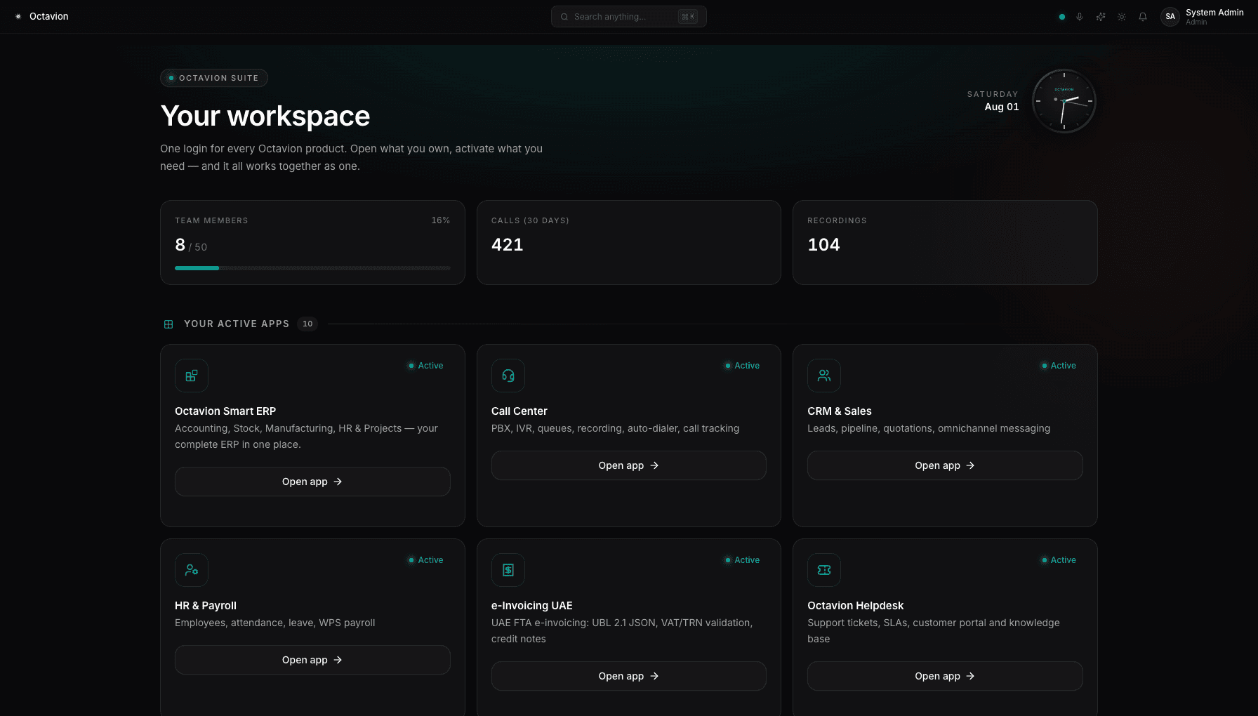 Octavion Workspace — one login for every product